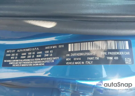 2018 Alfa Romeo Giulia Rwd z USA, uszkodzony, nr VIN ZARFAEBN1J7592813